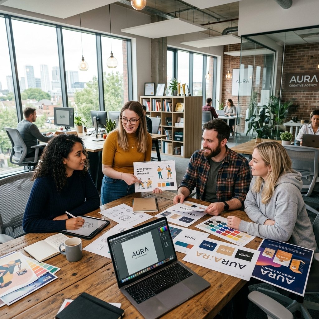 Creative workspace with design materials and team collaboration